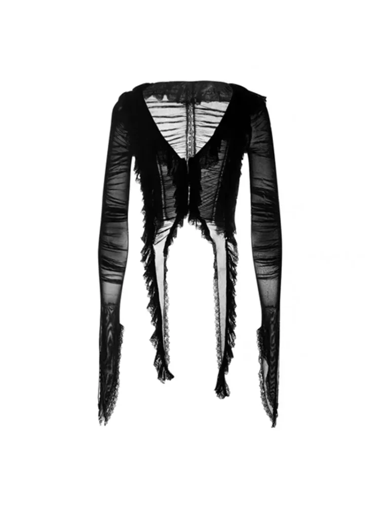 Ruffles Hotsweet Camicie Donna Estate Manica lunga Ritagliata Per il tempo libero Protezione solare Scollo a V Clubwear sexy Stile europeo Hip Hop Estetica