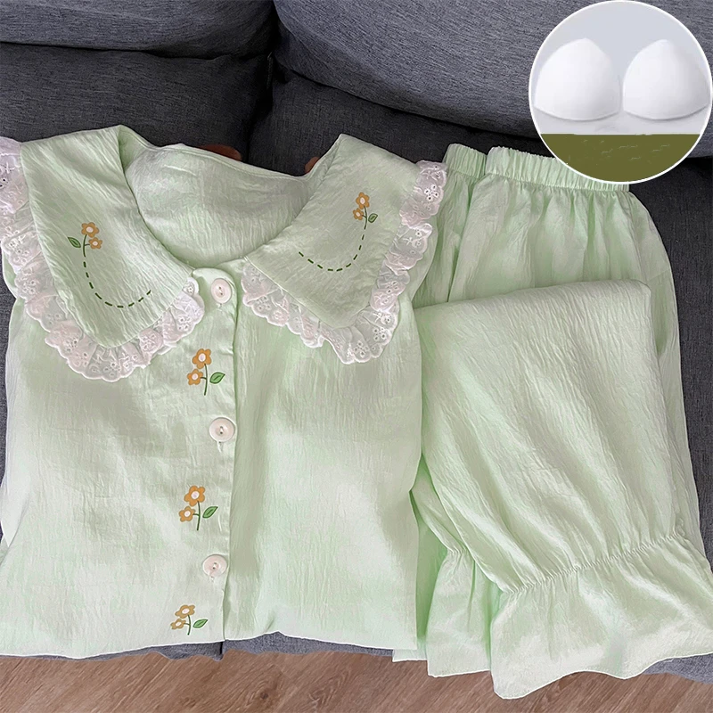 

Кружевной пижамный комплект с цветочным принтом больших размеров, французские эстетические пижамы для девочек для женщин, новая весенняя одежда для сна с лацканами и пуговицами