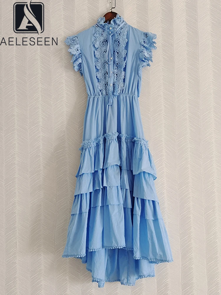 

AELESEEN Runway 2022 Summer Elegant Dress Women Blue White Black Sleeveless Ruffles Lace Patchwork High Quality Party