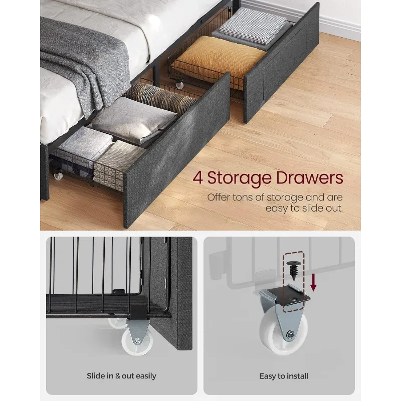 Bed Frame Full Size with Headboard and 4 Drawers, 1 USB Port and 1 Type C Port, Adjustable Upholstered Headboard