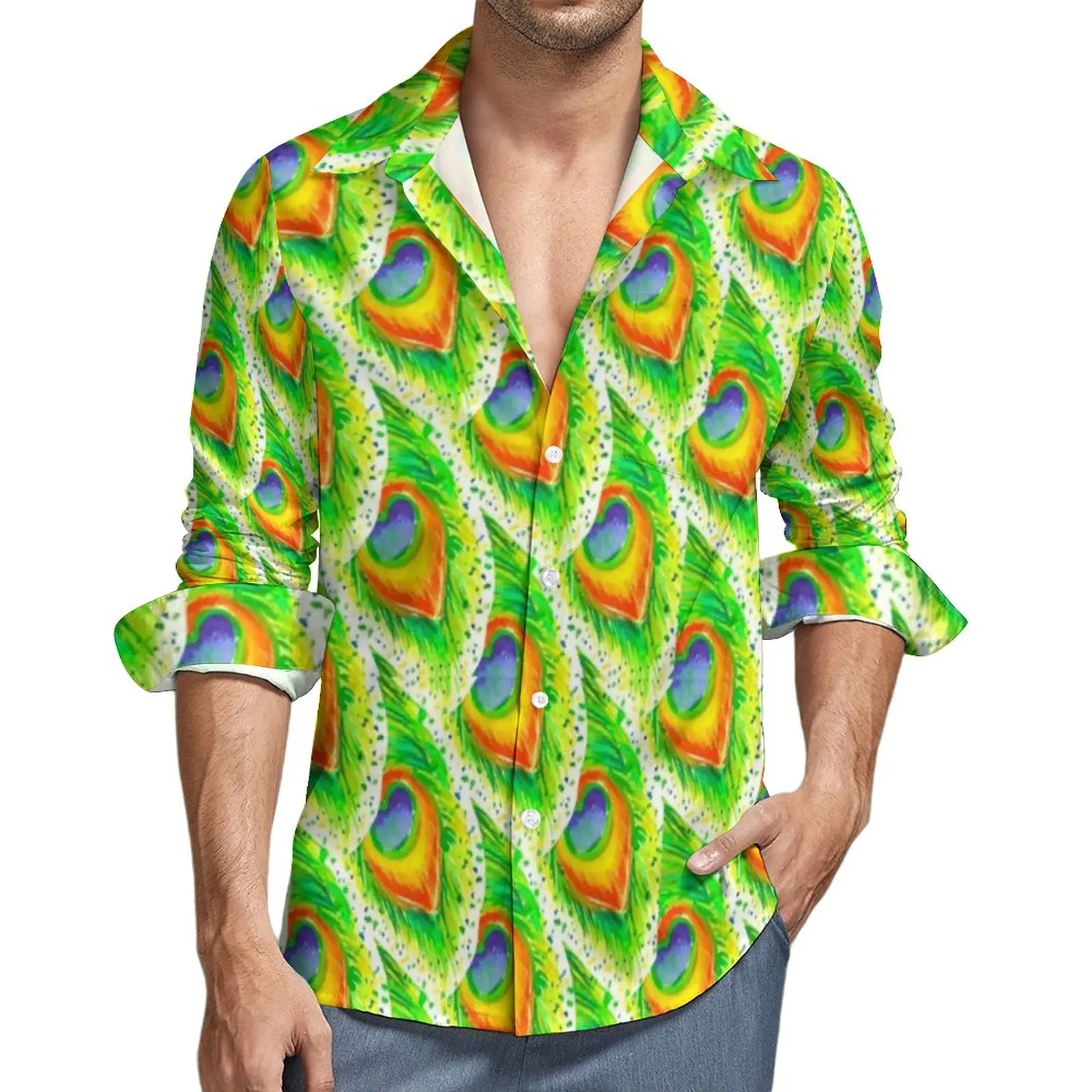 Camisa informal de estilo callejero para hombre, camisa con pintura de acuarela, blusas de manga larga a la moda, Tops de gran tamaño personalizados para Primavera, dibujo de pavo real