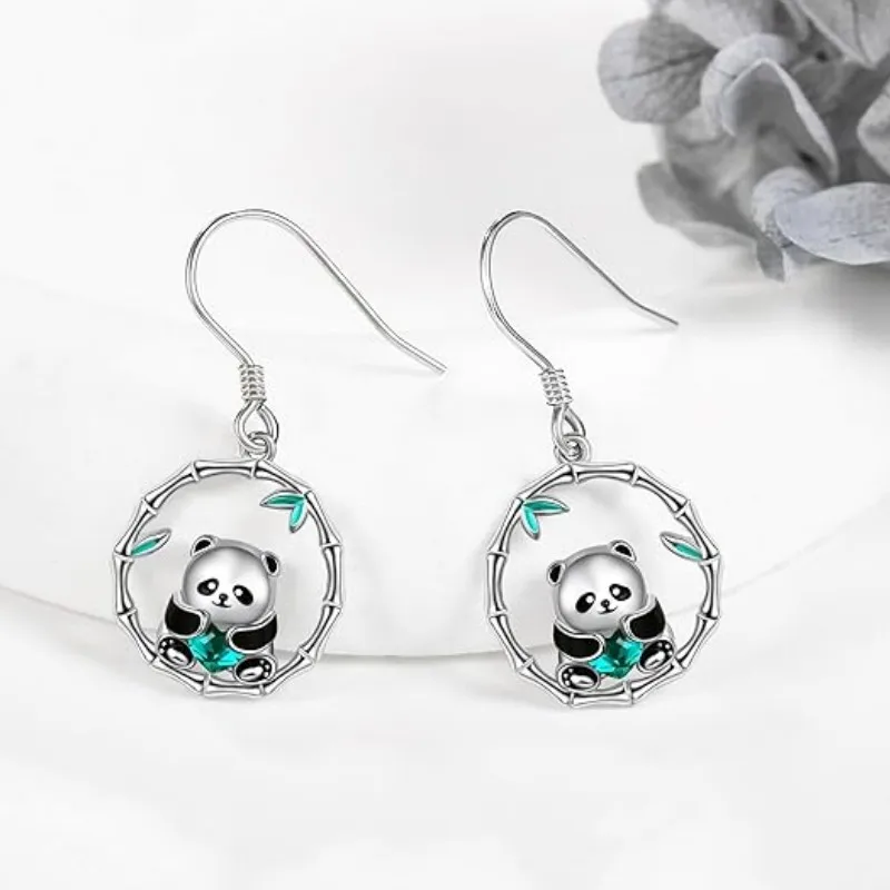 New Fashionable Cute Bamboo Panda Piercing Earrings Silver Color Emerald Circle Dangle Hypoallergenic for Woman Christmas Gift