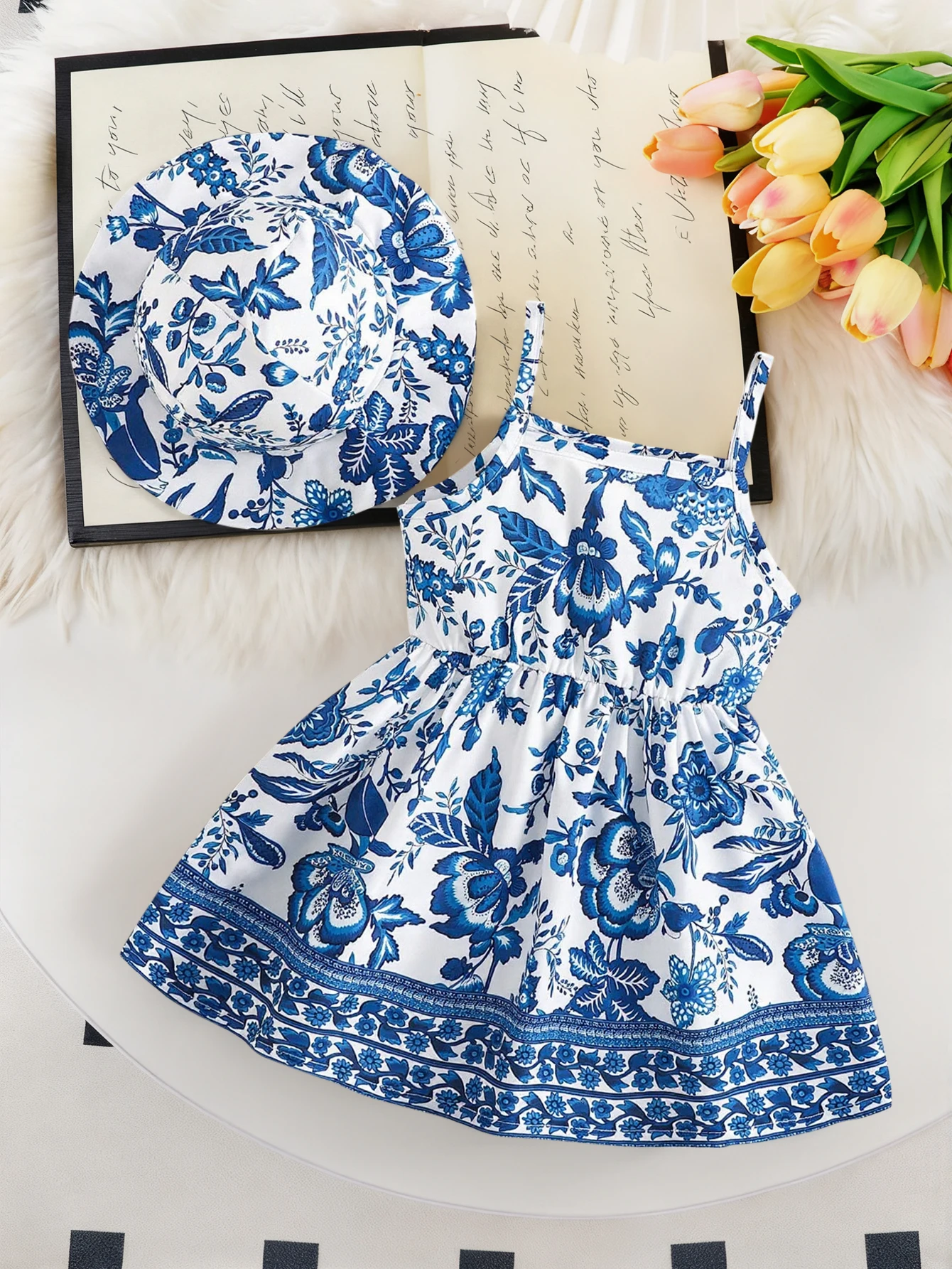 

Комплект из 2 предметов: летнее тонкое платье для маленьких девочек, платье на бретельках с квадратным вырезом и винтажным цветочным принтом, с завязками на талии + комплект с шляпкой в тон. Милое, модное, стильное, универсальное платье для девочек. Подар