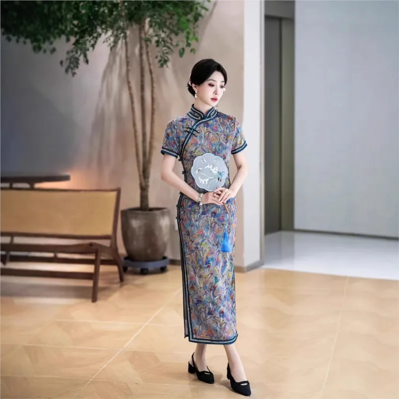 شيونغسام النمط الصيني الجديد فستان طويل الأداء بمزاج أنيق