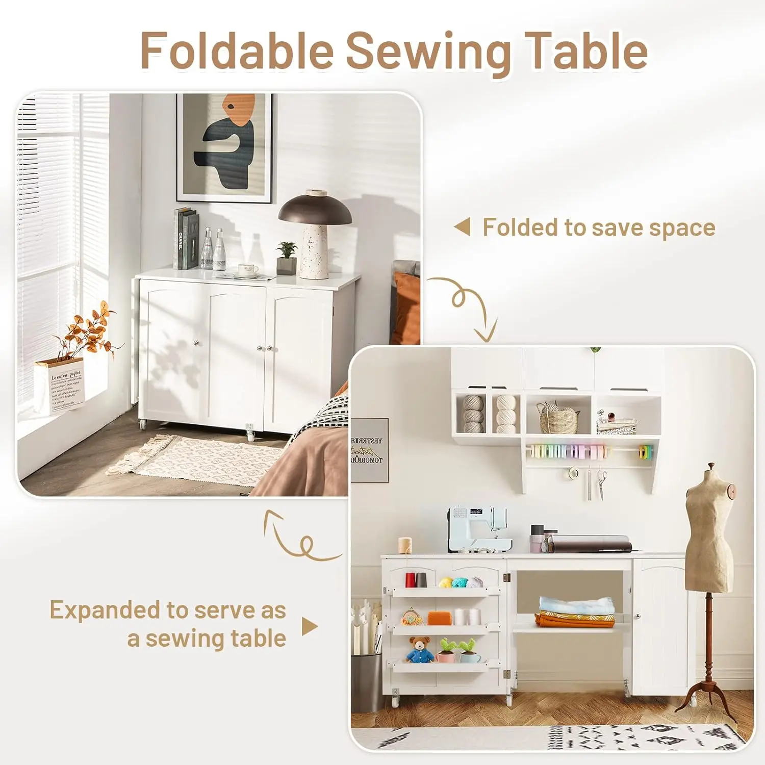 Folding Sewing Craft Table, 3 Storage Bins, Side Cabinet, Interior Shelf, Rolling Sewing Machine Cabinet Craft Station Desk