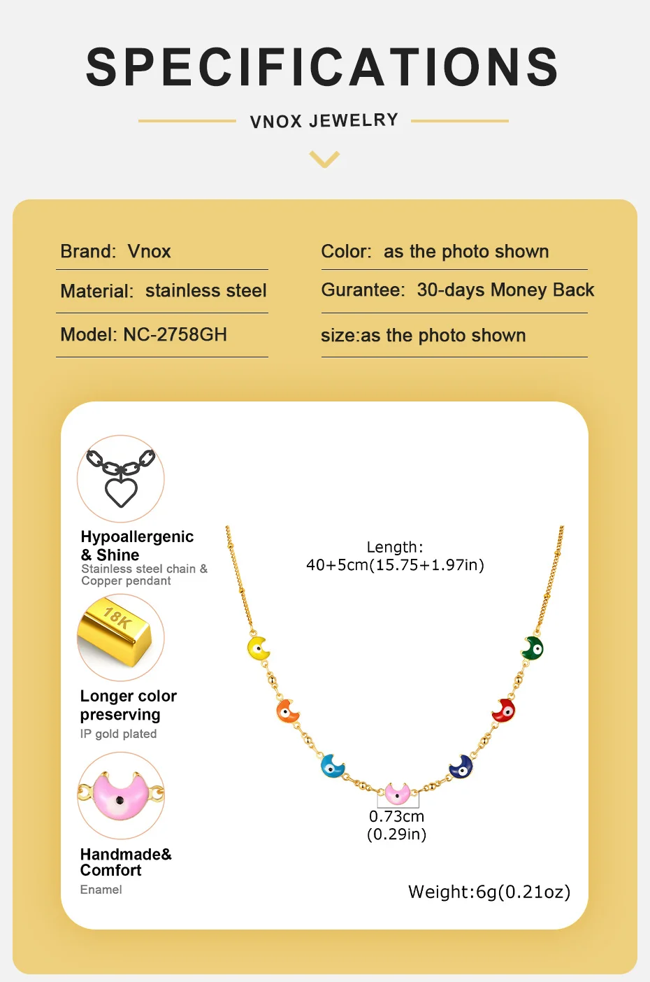 Vnox Goldfarbene, bunte Emaille-Mond-Abstandshalterperlen für Halsketten, Armbänder und Fußkettchen für Damen – Sommer-Reise-Schmuck – Detail 4