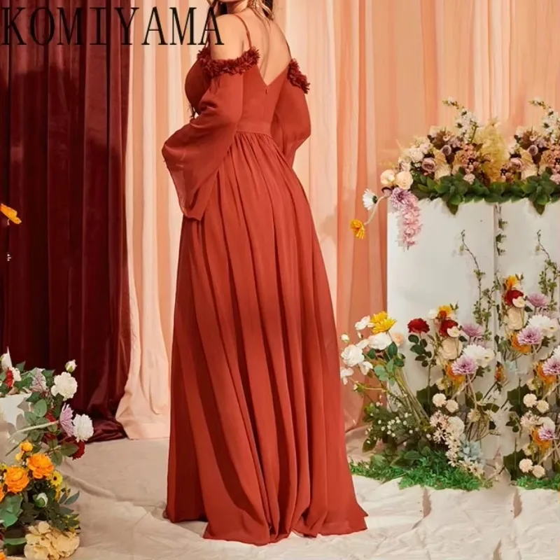 Customized New Evening Dress Chiffon Long-sleeved Big Swing Off Shoulder Prom Dresses Pleated Slim One-shoulder Banquet Party