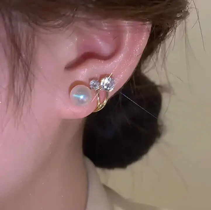 925 Siver Needle White Imitation Pearl Gold Color Stud Earrings for Women Metal Geometry Zircon Earring Party Elegant Jewelry