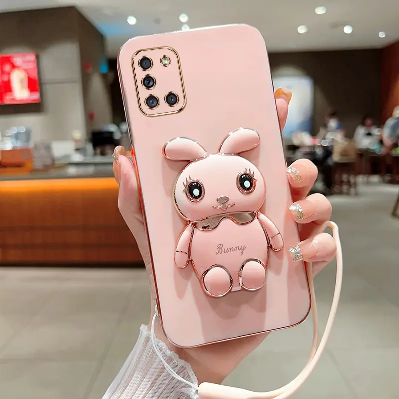 Phone Case For Samsung Galaxy A31 Luxury Plating Square Rabbit Holder With Landyard Phone Case Cover