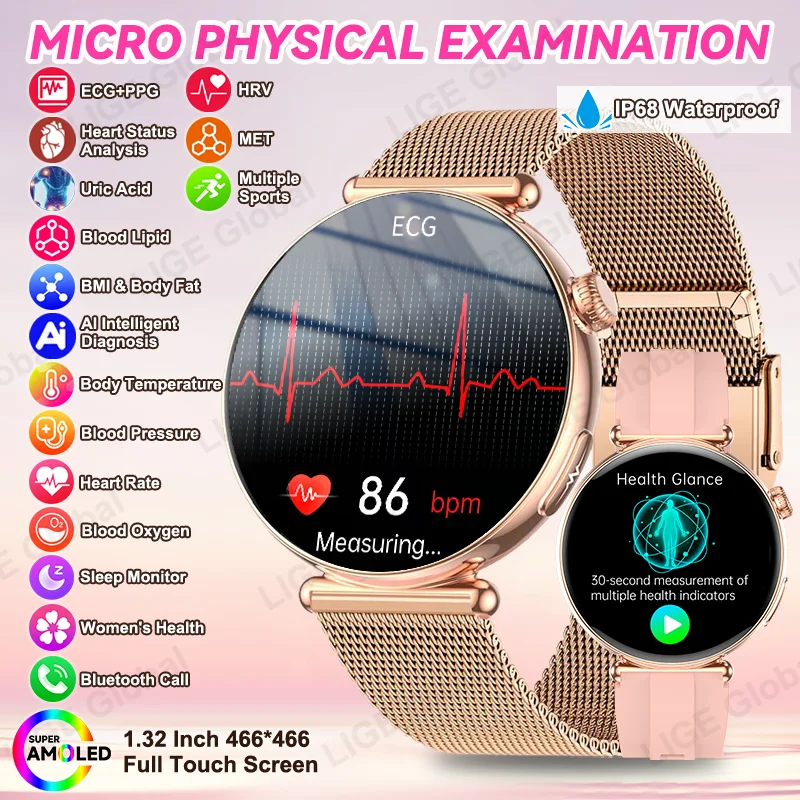 

LIGE New ECG+PPG Women Smartwatch Blood Lipid Uric Acid BMI Menstrual Cycle Bluetooth Call Nursing Grade Health Smart Bracelet