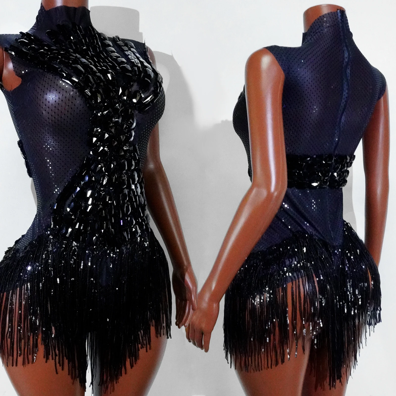 Sexy Black Mesh Tassel Bodysuit Sequins Design Dancer Performance Birthday Party Dance Costume Stage Wear Nightclub Drag Queen