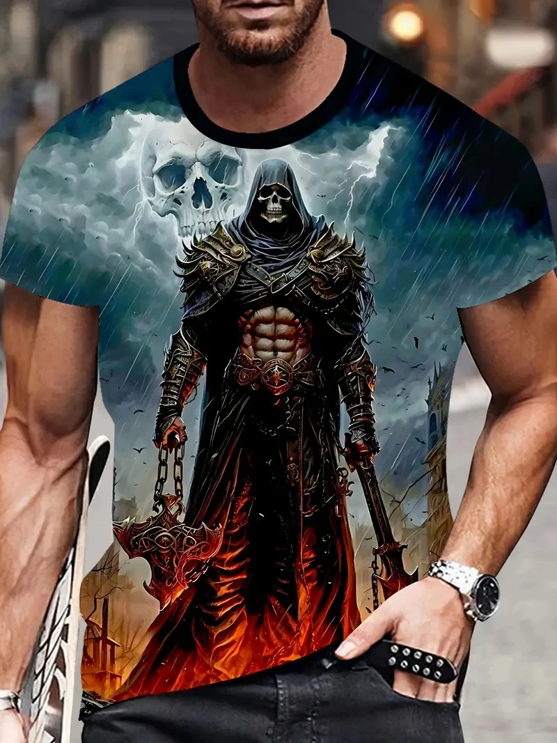 

Men's T-shirt plus size 3D skull print casual loose and fashionable short sleeved T-shirt, soft, comfortable and breathable