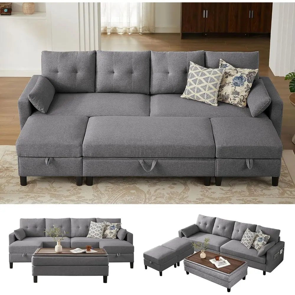 

Convertible 101 Sectional Sofa with Ottoman Coffee Table, Linen Fabric, U-Shaped Couch with Storage, 4 Seat Living Room Sofa, Li
