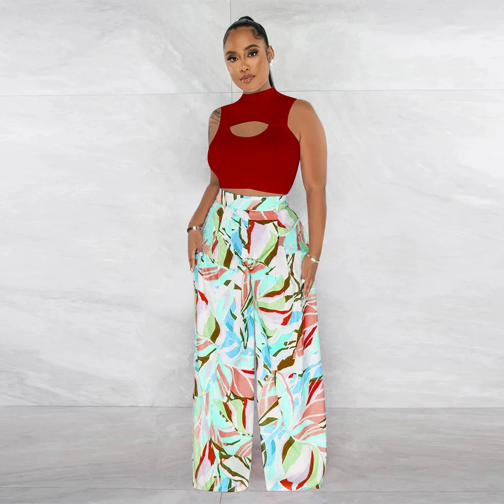 K10458 Fashion Women's Sleeveless Round Neck Short Top Printed Wide Leg Pants Two Piece Set