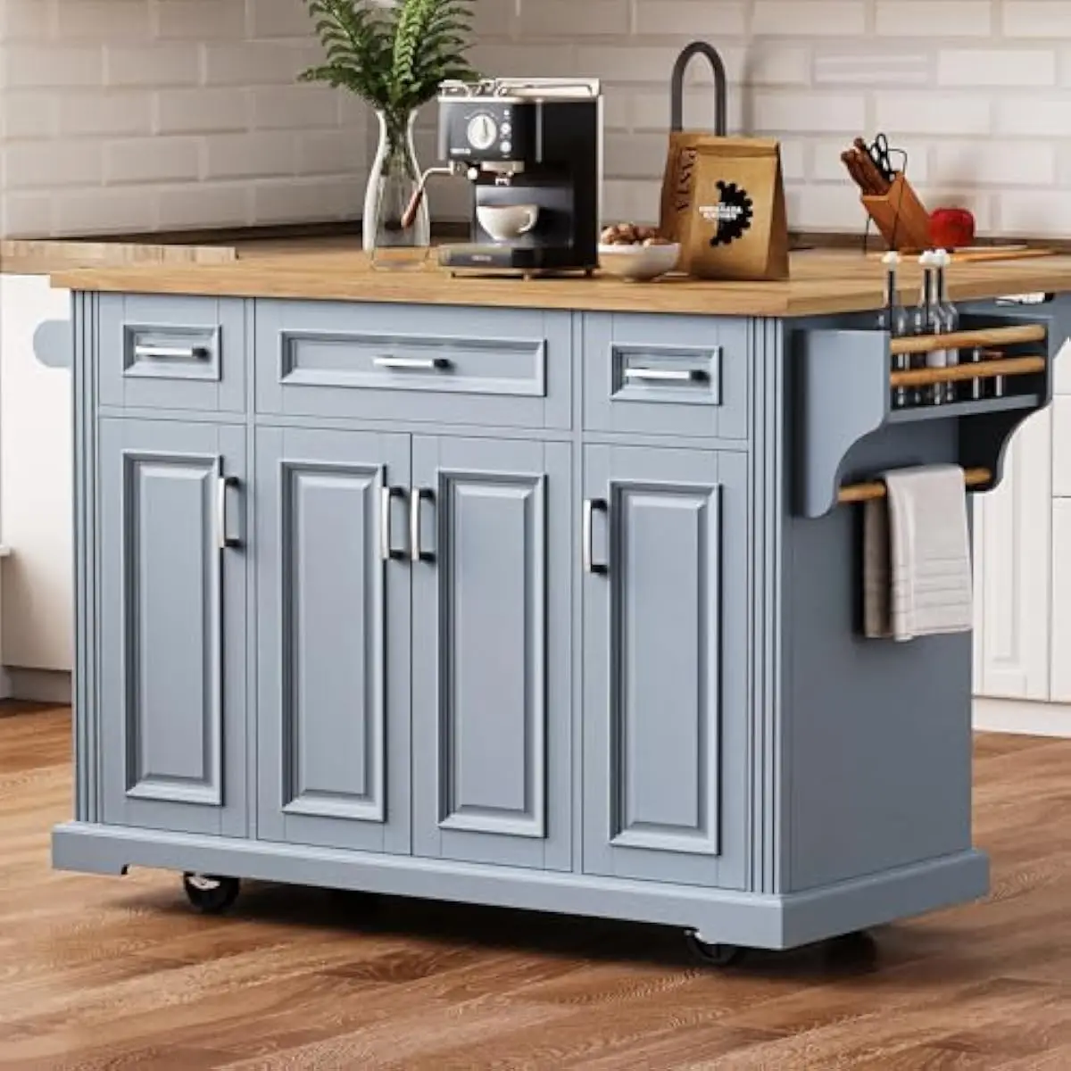 54 Inch Mobile Kitchen Island Cart with Drop Leaf Table Top Rubber Wood Surface 3 Drawers 4 Adjustable Shelves Lockable Casters