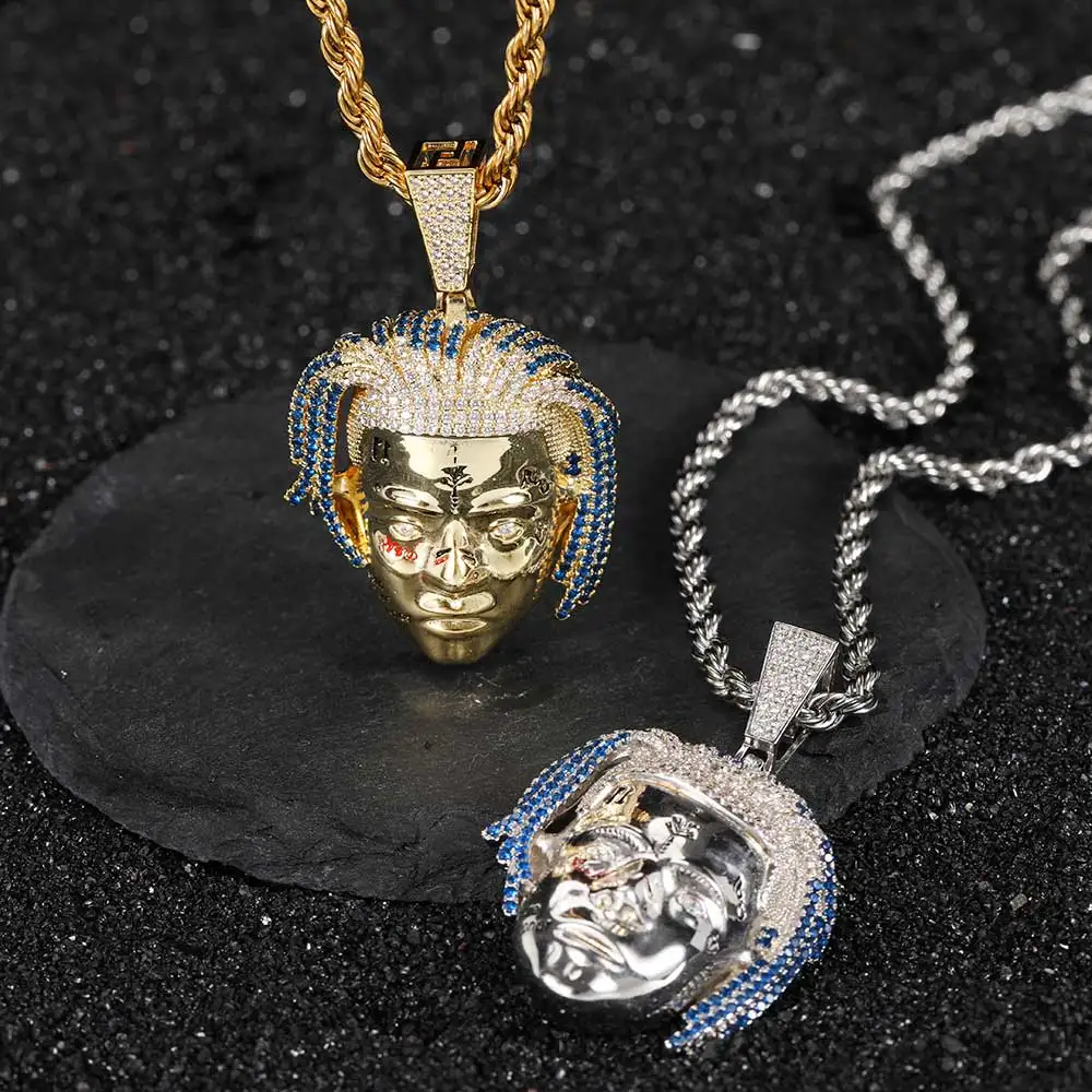 Nuoya Jewelers Mens Iced Out Rapper Mask Hip Hop Pendant 18K Gold Silver Plated Crystal Necklace