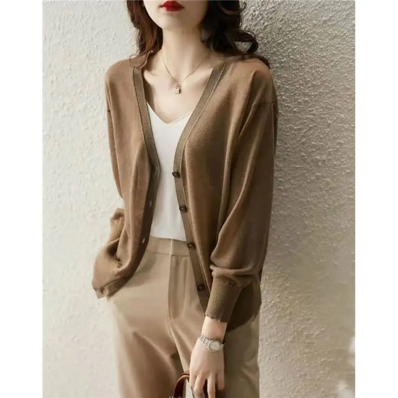 

2024 Spring and Autumn New Arrivals Solid Color Button Xiaoxiangfeng Ice Silk Knitting Cardigan V-Neck Sunscreen Loose Coat Tops