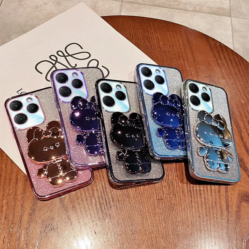 Hot 40 Case For Infinix Hot 40 Hot 40 Pro Luxury Gradient Glitter Makeup Mirror Rabbit Folding Stand Soft Silicone Back Cover