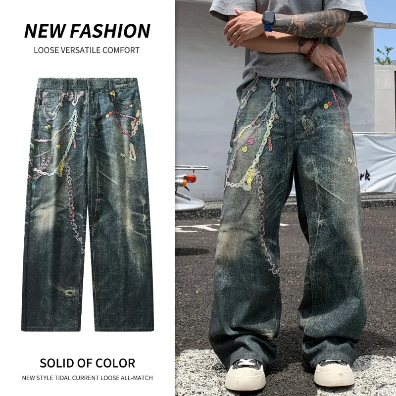 

Candy Chain American Digital Print Baggy Jeans Men's Wear Spring New Stylish Straight Male Denim Pants High Street