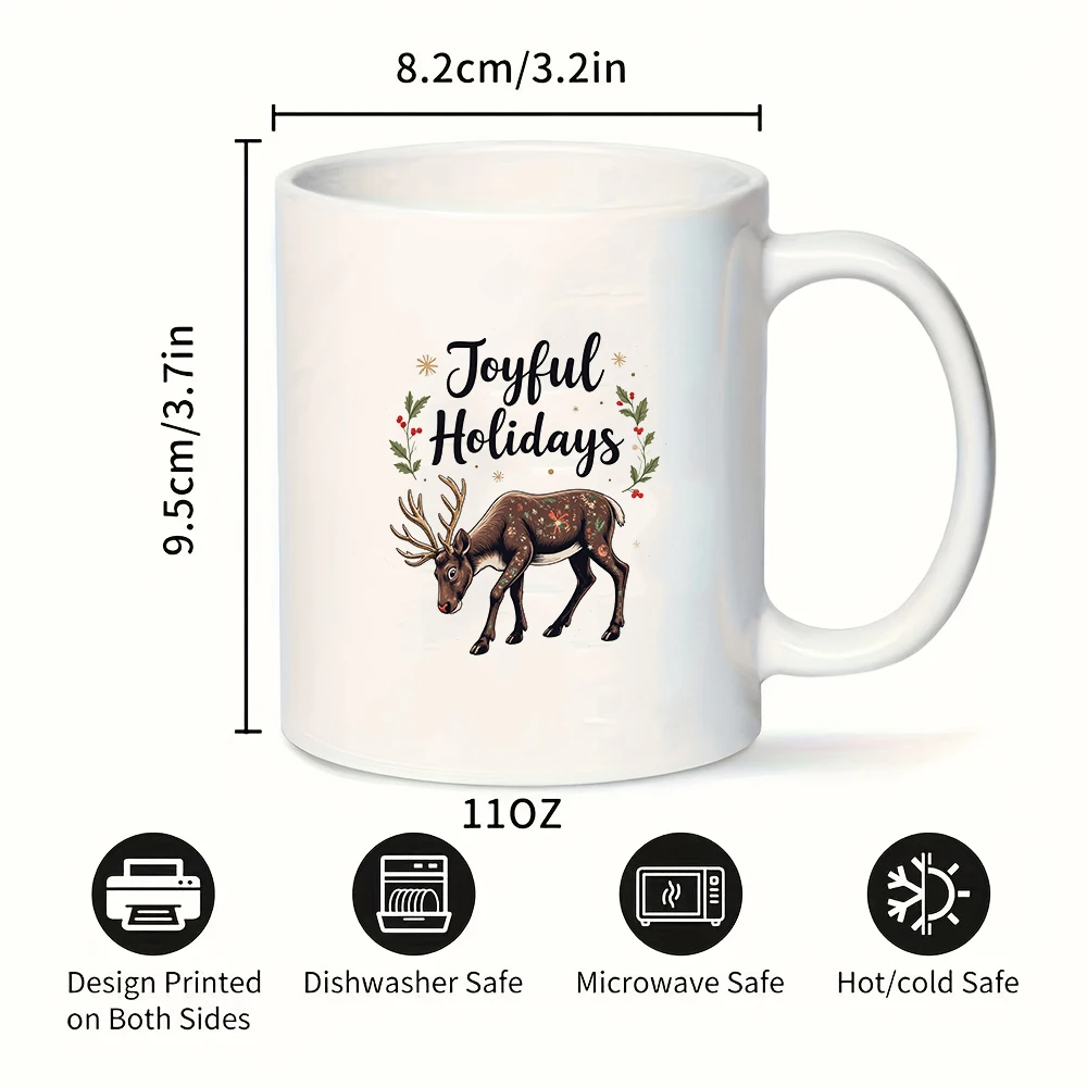 Taza de 11oz, pegatinas de felicitación festivas, diseño de reno pintado a mano, detalles de estrellas, regalo de Navidad, taza para niños, oficina familiar, café Comp