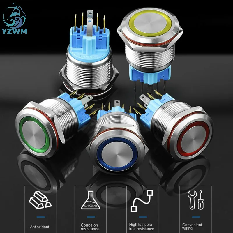

YZWM 22mm Metal Button Switch Control Switch with Circular LED Indicator 6 12 24 220 V Self-locking Switch Inching Round