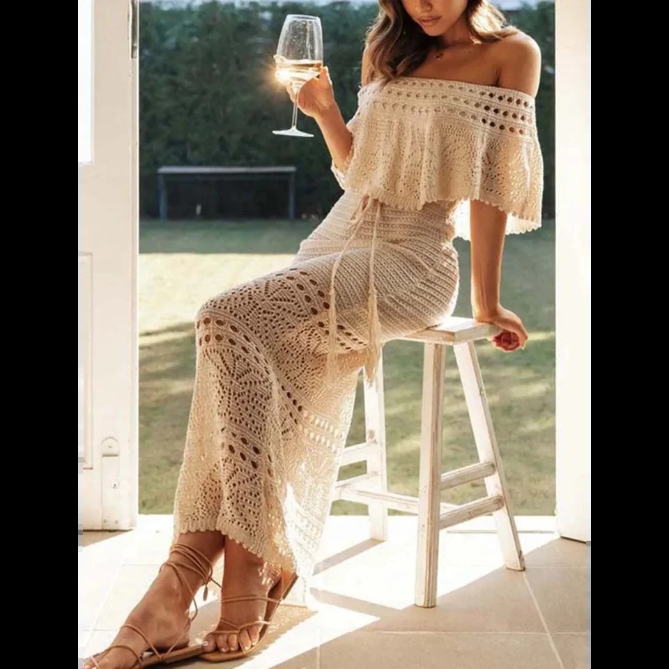 

Elegant Hollow Out Dress Women's Summer Dress Short Sleeve Off Shoulder Knit Pattern Tie Up Summer Dress