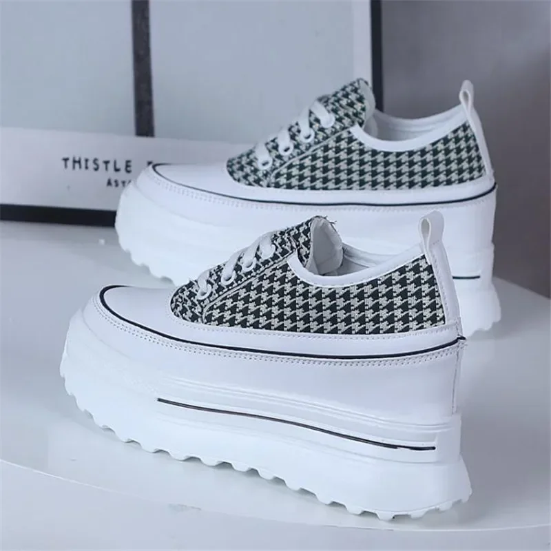 2024  New 9CM Heels Wedge Canvas Shoes Woman High Platform Sneakers Vulcanized Shoes Hidden Heel Height Increasing Casual Shoes