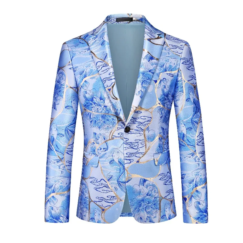 

Men's Blue White Porcelain Print Blazer Gold Foil Floral Suit Jacket Chinese Style One Button Blazer for Wedding Prom Stage