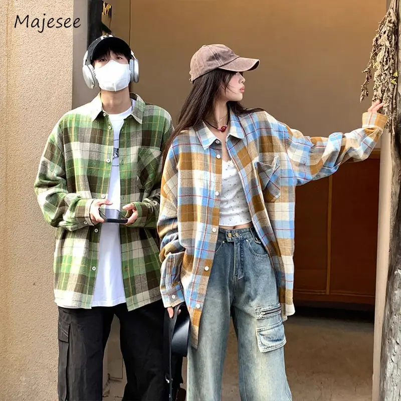 

Vintage Plaid Shirts Men Designed Korean Fashion American High Street Harajuku Couples Teens Cozy Youthful Trendy All-match Ins