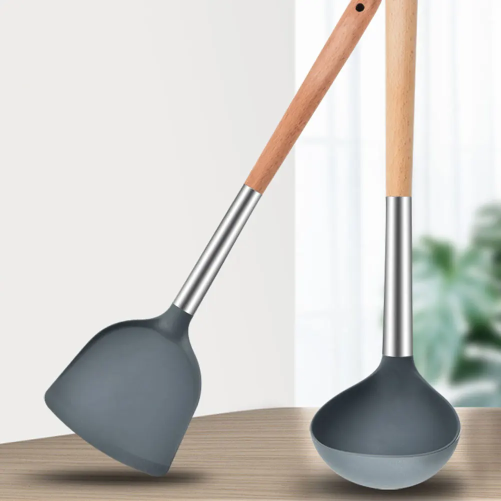 

Silicone Spatula Spoon Set Non Stick Kitchen Gadgets Cooking Tools Beech Wood Ladle Utensils Home Hotel Easy Clean
