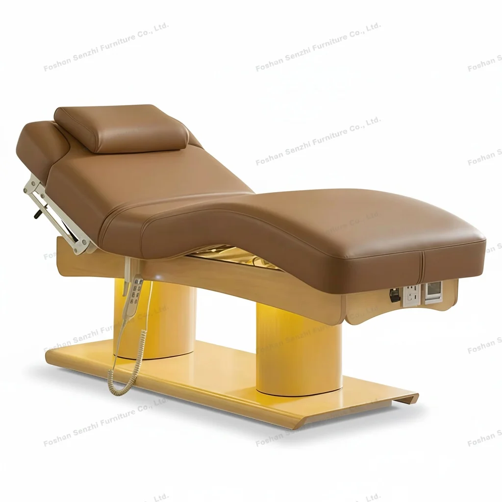 

Electric Massage Bed With Wood Grain Base, Eyelash Extension Bed, 4-Motor Adjustable Beauty Salon Bed, 190x70cm