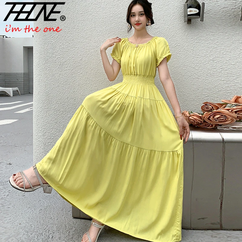 THHONE Vestido Feminino szata sukienka kobiety lato artystyczne wakacje Off The Shoulder plaża Boho w pasie Casual długie sukienki