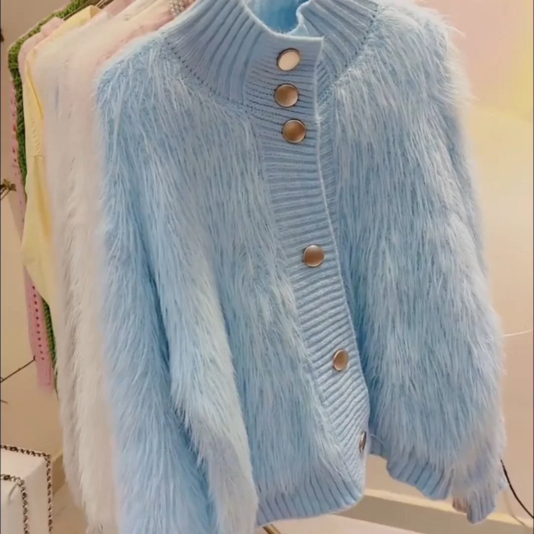 Moda toque francês sem manga botão detalhe elegante camisola de pescoço alto feminino solto ajuste de malha topo chique estilo preguiçoso