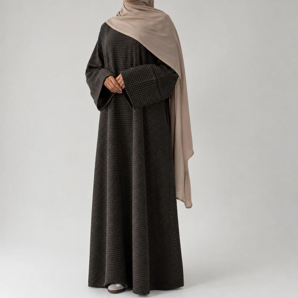 Autumn/Winter Relaxed-Regular Fit Checkered Abaya Dress Textured Plush Side Pockets Wam Plaid Muslimah Robe Eid Islamic Clothing