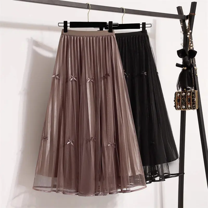 Large Size Luxury Women's A-Line Skirt High Waist Bow Sheer Mesh Chic Elegant Light Mature Style 2025 SS Collection G268