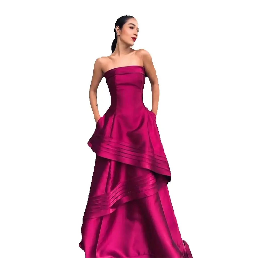 

Floor-Length Evening Dress 2025 Customized Purple Prom Dresses Sleeveless A-Line Strapless Tiered Ruffle vestidos de noiva