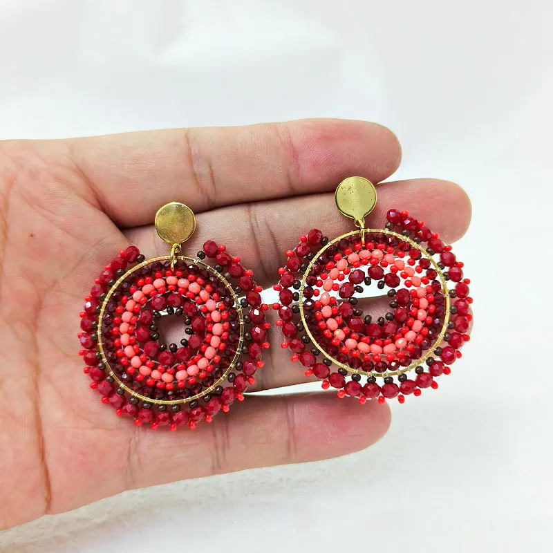 Beaded earrings Roundness Originality Tide Retro  Simple Geometry Hand knitting Bohemia Alloy Crystal Rice bead earrings