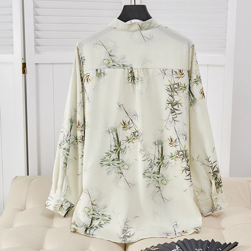 Vintage Chinese Style Women's Shirt Bamboo Leaf Print Round Neck Top Imitation Silk Long Sleeved Office Female Temperament Shirt