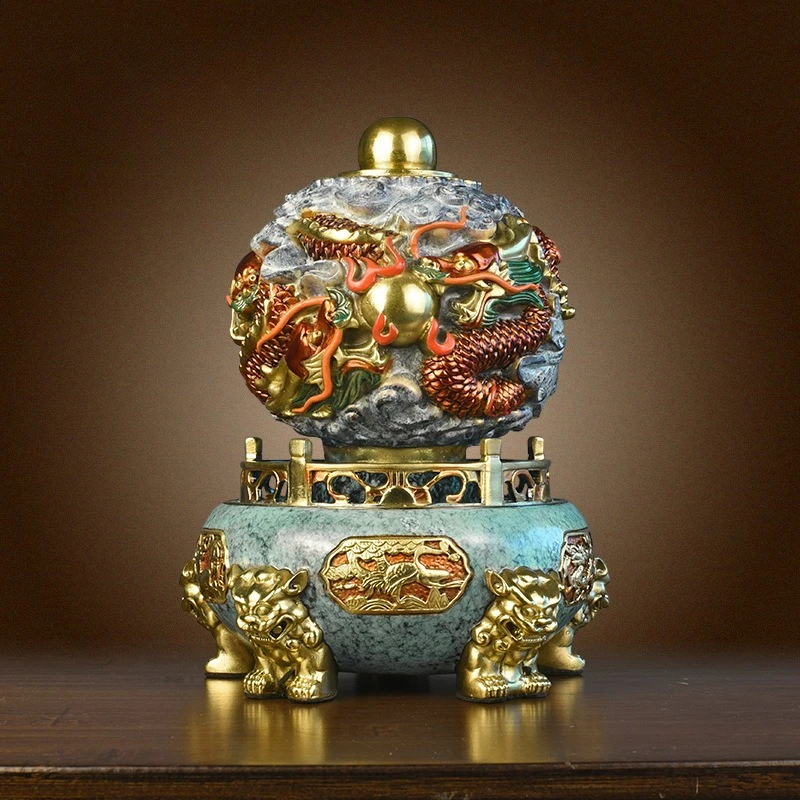 LTT all-copper nine-turn Qiankun furnace dragon pattern tripod ornament new Chinese office decoration crafts