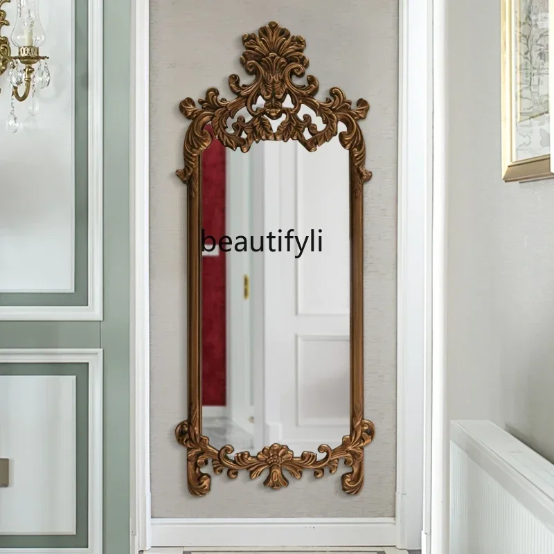 TTT French entry entrance mirror wall hanging retro, soft background wall carved mirror against the wall light luxury fitting mi