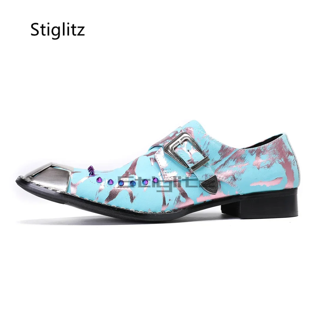 Blue Print Square Toe Leather Shoes Doe Men Metal Decor Slip On Shoes Genuine Leather Buckle Rivet Party Business Catwalk Shoes