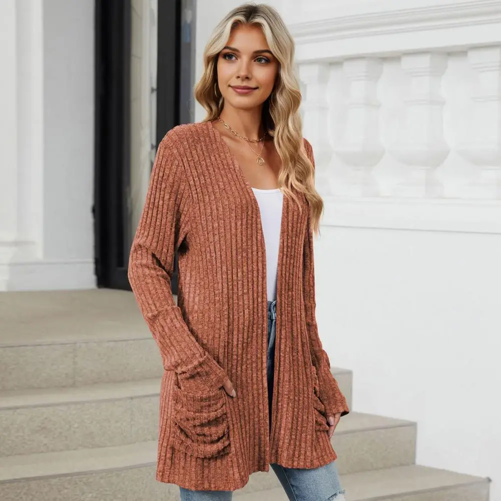 Cardigan Stylish V-neck Knitting Cardigan Coat with Pockets for Women Slim Fit Autumn Winter Outwear Solid Color Long Sleeve