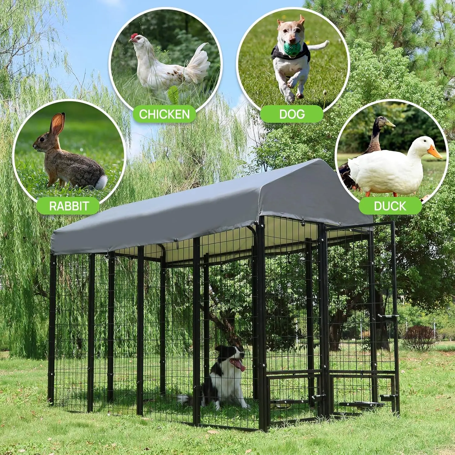 Dog Kennel Outdoor 8 x4 x6 ft with Roof and Rotating Bowl Holders Large Metal Dog Enclosure Heavy Duty Dog House Built with