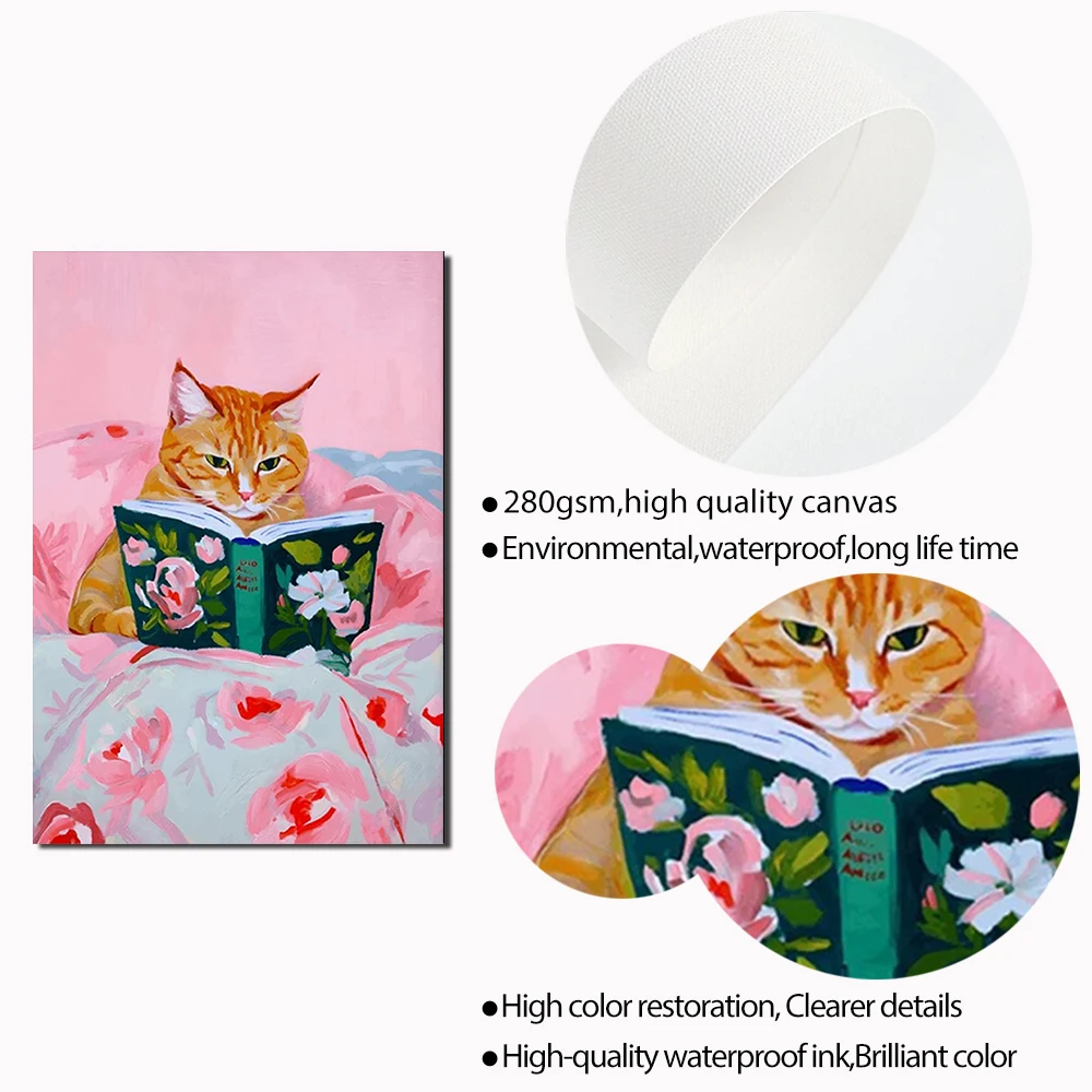 1pc frameless Canvas Painting Funny Tabby Cat Reading Books Art Poster Vintage Cute Animals Wall Canvas Painting Book Lover Pet - view 5