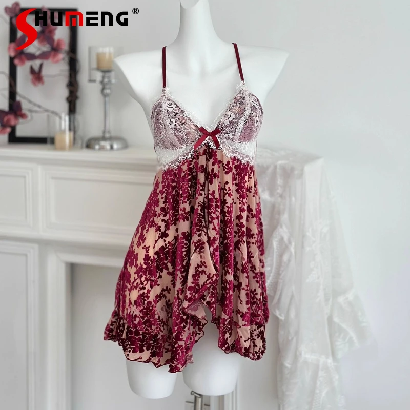 

Autumn Winter Sexy Velvet Nightdress Set Women's Pure Desire Gown Suits with Chest Pads Female Japanese Sleep Robe Set