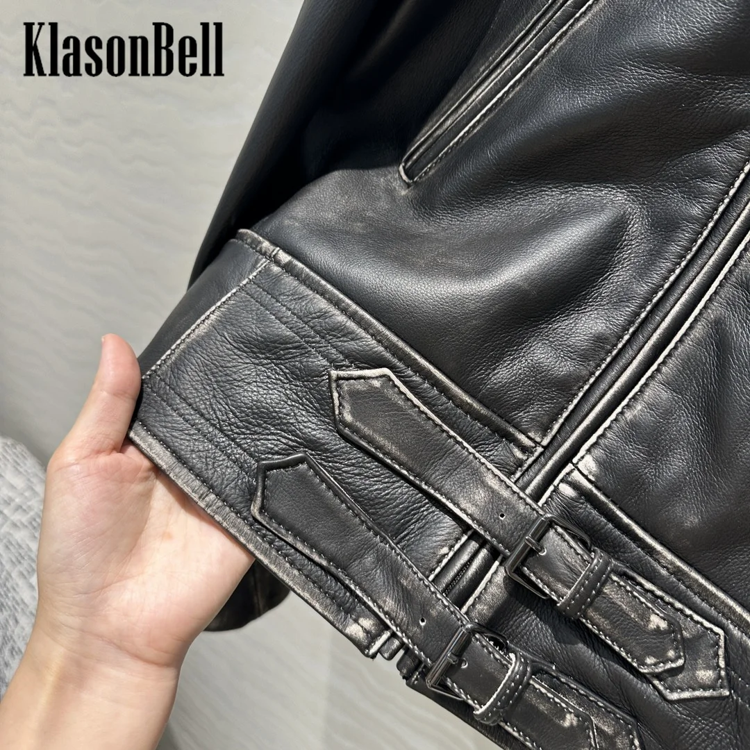 8.18 KlonasBell Women Vintage Distressed Genuine Leather Art Lapel Jacket Pocket Zipper Long Sleeve All-matches Short Coat