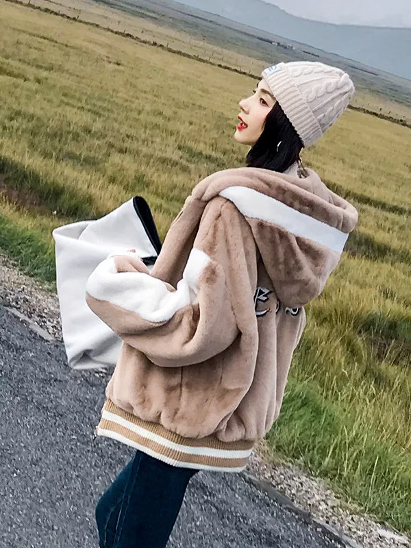 

Women's Fce Lined Thiened Lamb Fur Jaet Autumn Winter New Sle Loose Hooded Color Blo Design Warm Cotton Coat