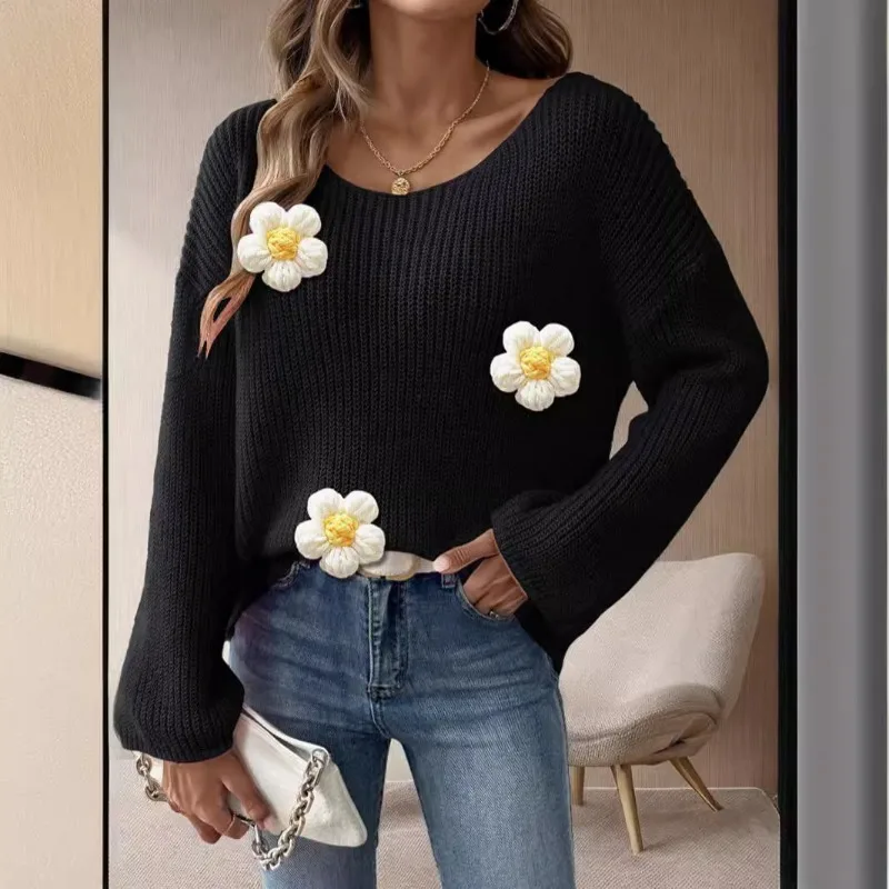 Casual Loose Knitted Sweater Hoodie for Autumn/Winter Women\'s Tops 2024 New Sexy Slash Neck 3D Flower Full Flare Sleeve Pullover