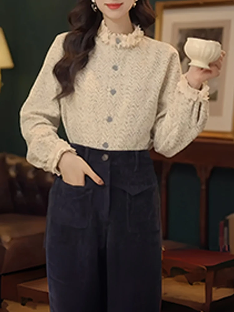 

Модный утепленный кардиган с воротником-стойкой для женщин, зимний, новый, в стиле ретро, с 3D цветами, базовый слой, корейский стиль, L...