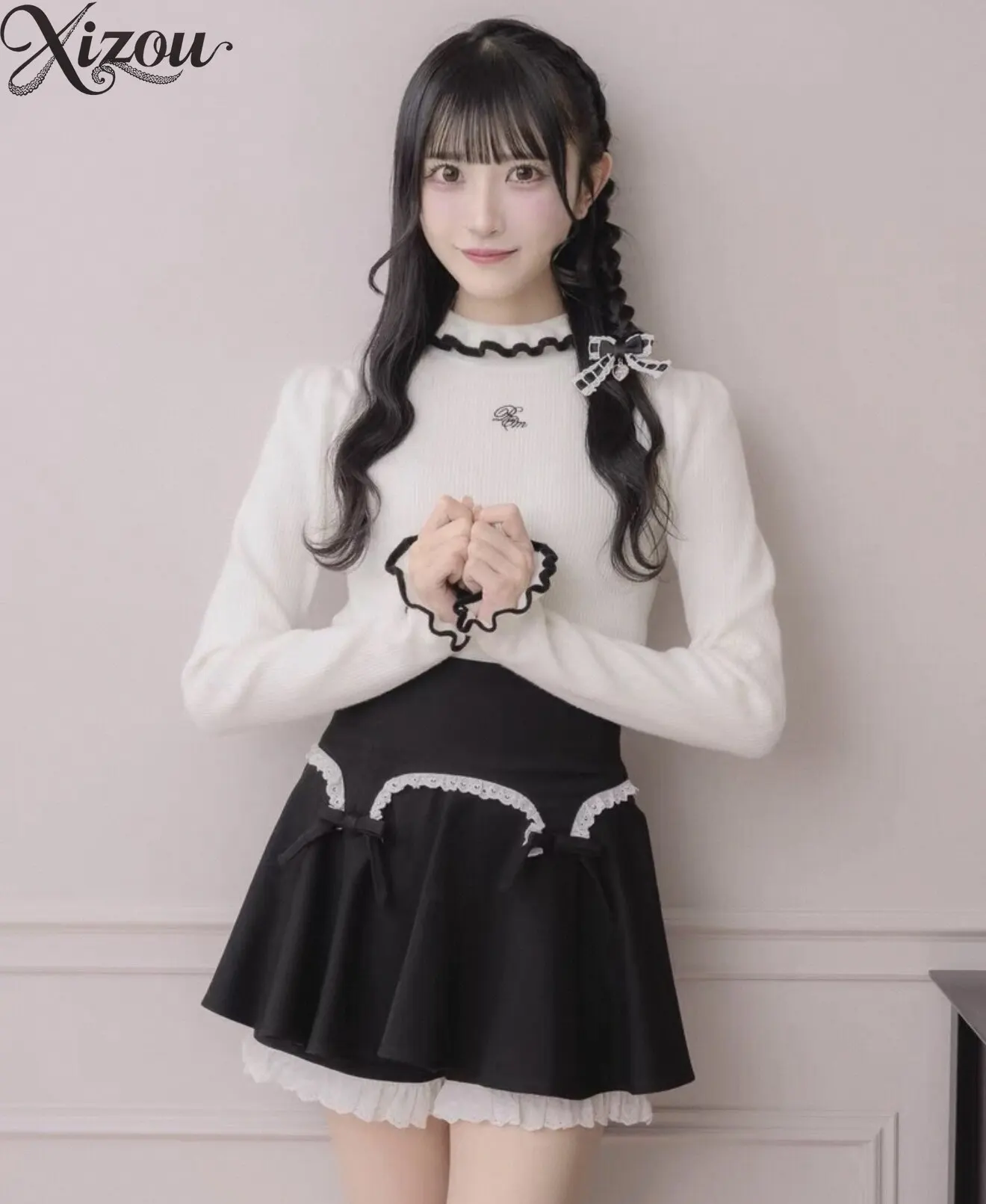 Ruffled Flared Pants Kawaii High Waist Slim Pleated A-Line Mini Skirt Butterfly Knot College Black Women 2026 Spring Summer